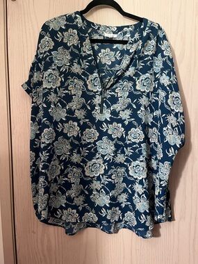 Maurices Teal Floral Split-Neck Blouse